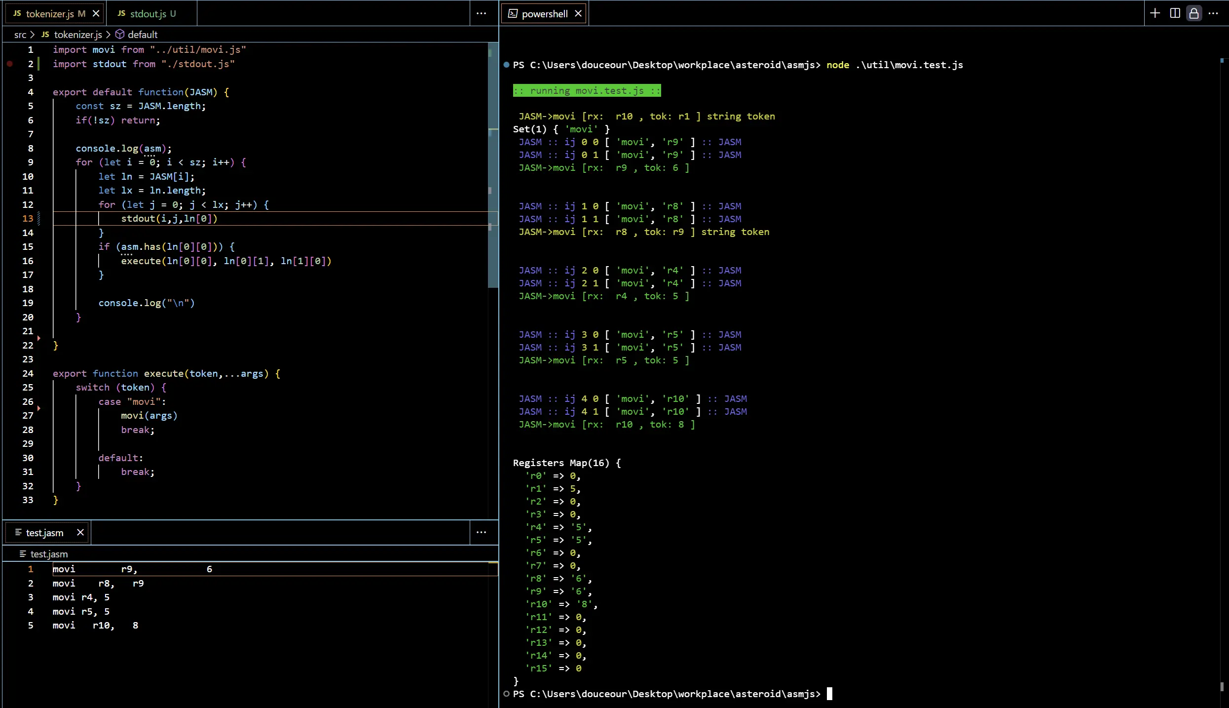 Assembly emulator code and output