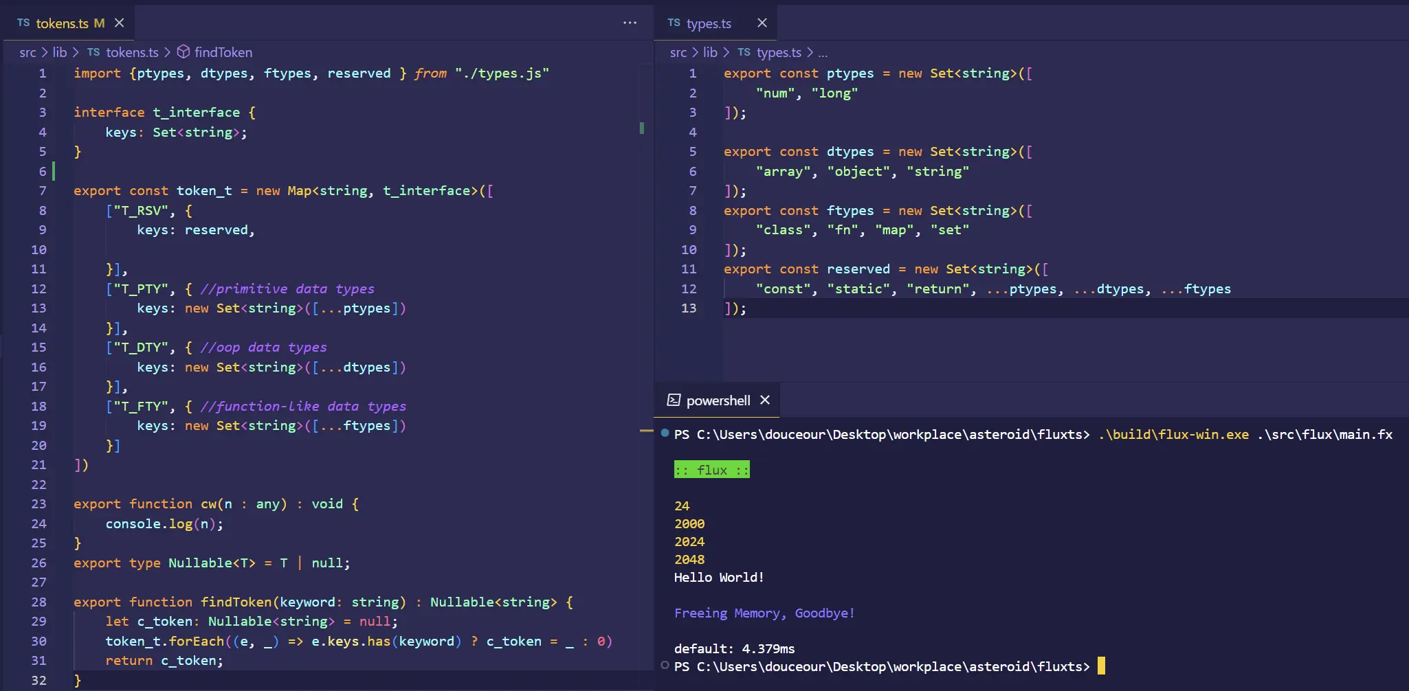 Flux compiler source code and terminal output